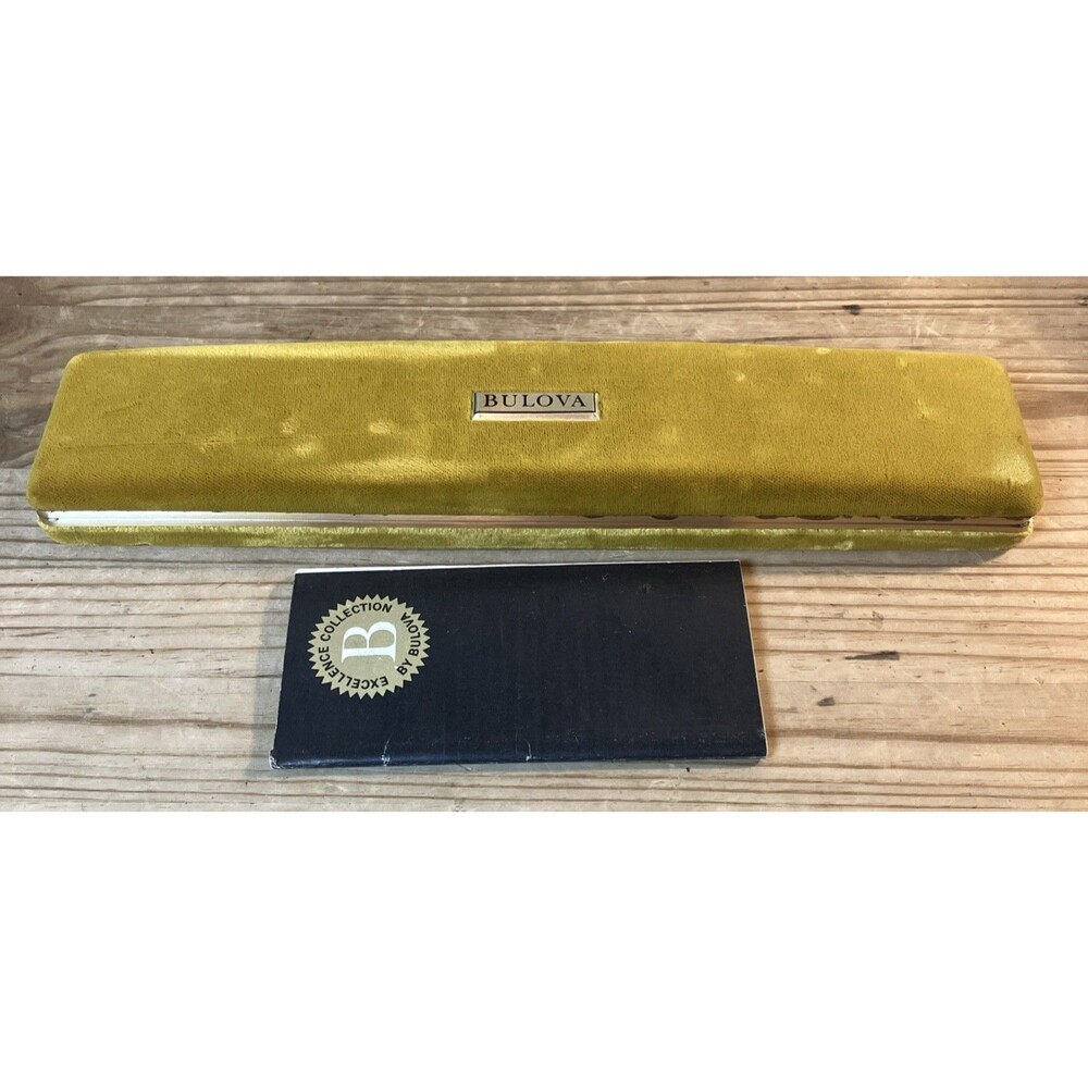 VTG Bulova Ladies Watch Jewelry Presentation Box Case Gold Velvet Hinge + Guide